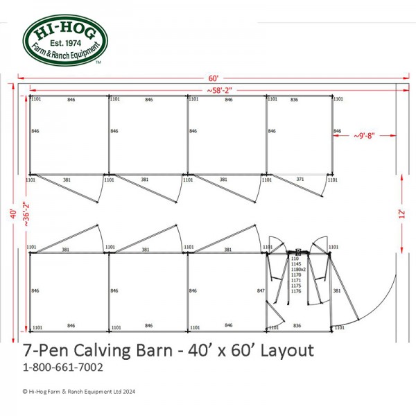 the layout of a custom designed calving barn by Hi-Hog Farm and Ranch Equipment