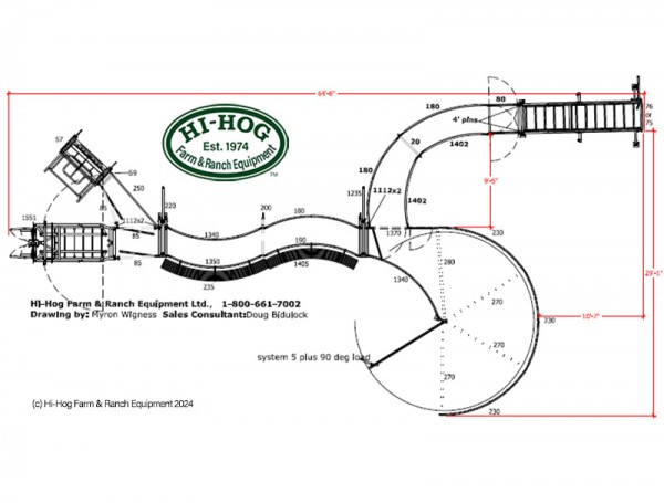 A plan drawing of a Hi-Hog Cattle handling system that includes the option for a load out.