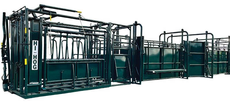 A cattle handling system designed to reduce animal stress and speed up the cattle handling process.