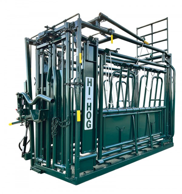 A Hi-Hog Cattle Squeeze Chute used to safely secure cattle for veterinarian procedures.